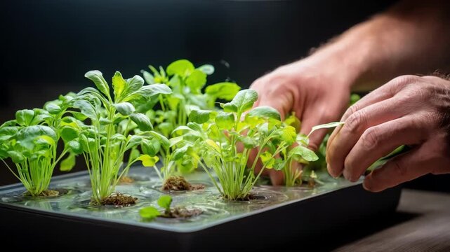 Medium shot of hands tending vibrant hydroponic plants floating in a zerogravity agritech module showcasing innovative microgravity cultivation techniques.