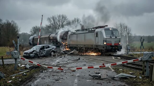 Freight train accident collision with a car at a railway crossing showing sparks, smoke, and debris from the impact
