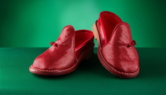 A Pair Of Ruby Slippers Against An Emerald Green Background