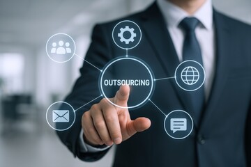 Outsourcing Strategy Concept: Businessman Utilizing Virtual Interface to Enhance Business Operations and Global Connectivity