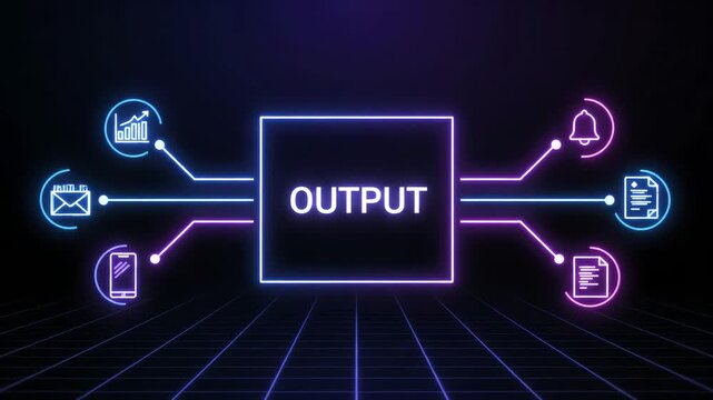 Digital output and data flow with various icons representing communication and analytics