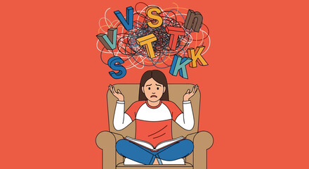 Obraz premium Student Overwhelmed by Tangled Letters: Conceptual Illustration of Dyslexia, Reading Difficulty, and Information Overload Stress