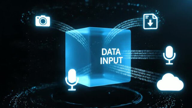 Dynamic visualization of digital data input streams converging from multiple sources into a central processing system, representing modern information management and secure integration