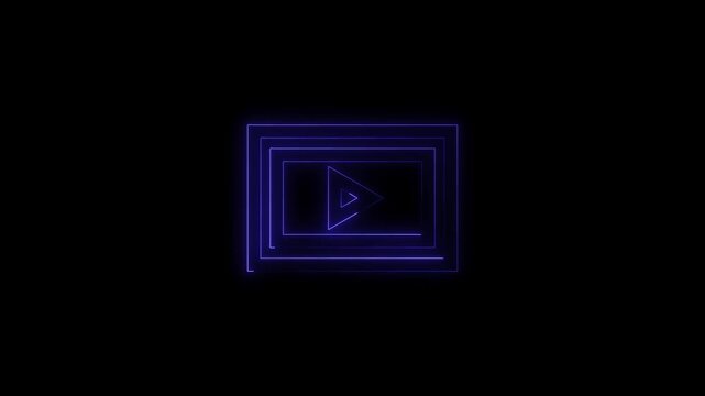 Pulsating purple neon play button framed by concentric rectangles on a black void, representing digital media and initiation