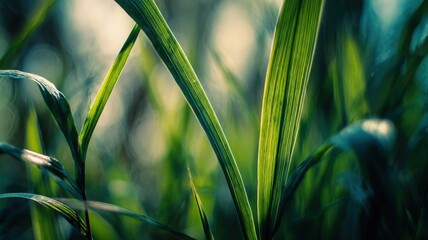 Lush Green Grass Blades Illuminated by Sunlight, Capturing the Essence of Nature and Serenity