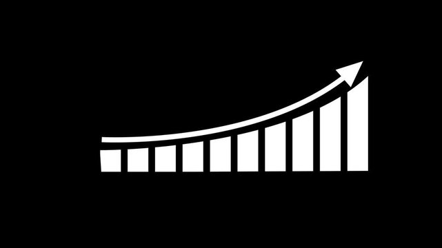 White bar graph with an upward trending curved line and arrow indicating growth and success against a solid black background
