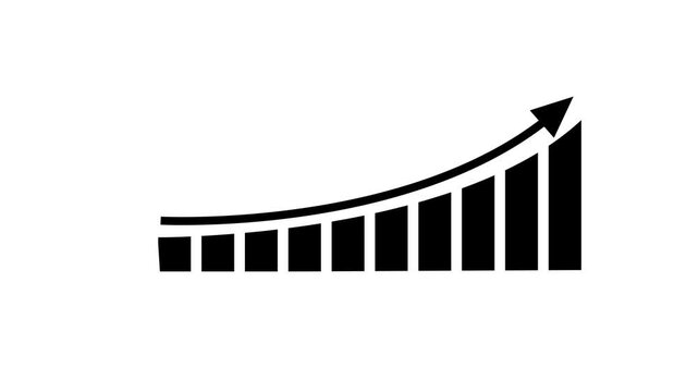 Black Bar Chart with Upward Trending Arrow and Curved Line Indicating Growth and Success on a White Background