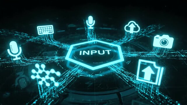 Digital input methods and data flow concept illustration with technology icons