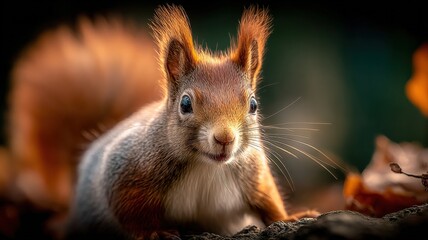 Obraz premium Adorable red squirrel portrait amidst autumn foliage, showcasing wildlife in its natural habitat with warm tones