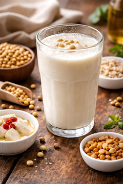 Creamy Soy Milk Drink Surrounded by Healthy Ingredients on Rustic Wooden Table