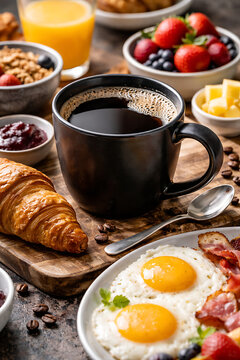 Delightful Breakfast Spread with Coffee, Eggs, Berries, and Croissant