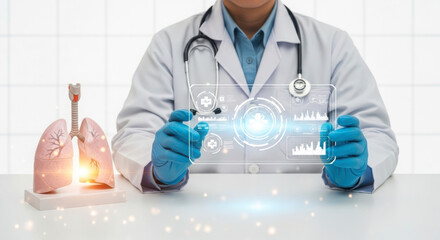Fototapeta premium Doctor in white coat analyzing lung health with futuristic interface