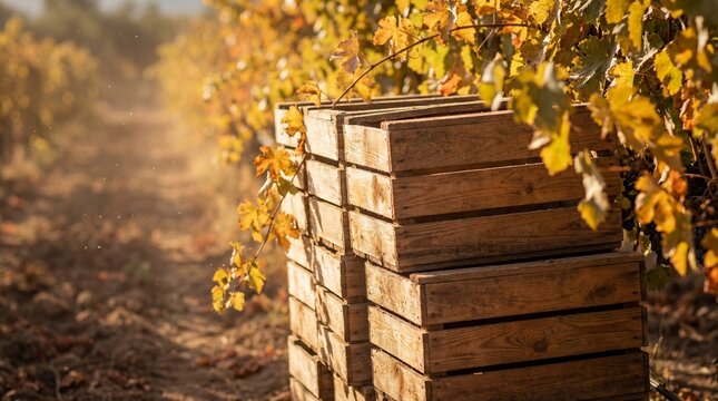 Stack of wooden crates standing in a vineyard with autumn leaves during harvest season, captured from a side viewpoint