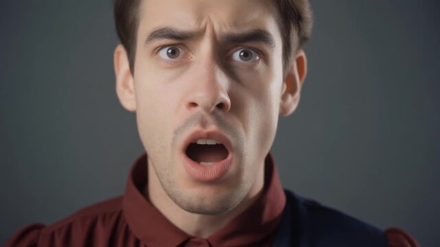 A young man with wide eyes and an open mouth displays a powerful expression of shock or intense surprise, conveying a moment of sudden realization or disbelief