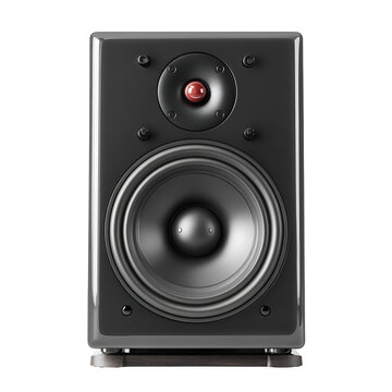 Black speaker with a silver speaker cone and a red light on the front. isolated on transparent background