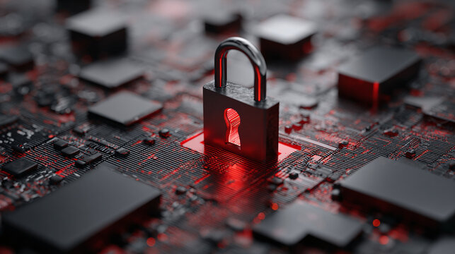 A padlock symbolizes security and protection on a circuit board, with red light under it.