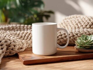 Cozy White Mug Mockup on Wooden Tray with Knitted Blanket and Greenery Background