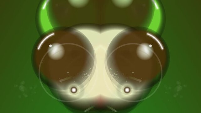 A close-up 3D illustration of a shiny green and brown insect face viewed from the front in a digital environment