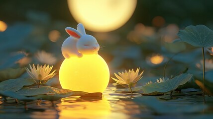 Obraz premium Dreamy Rabbit Night Light on Water Lilies: A Serene Lunar Illustration for Children and Celebrations