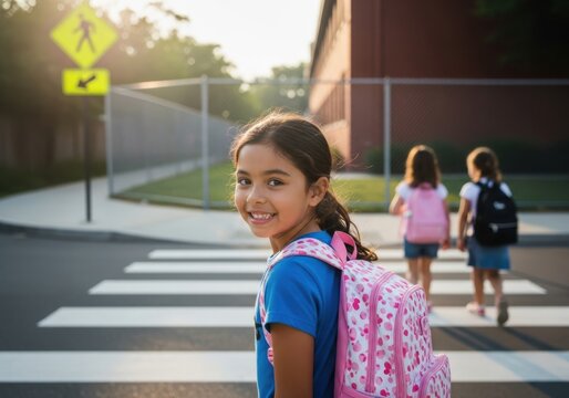 A young girl with a pink backpack smiling at the camera on a crosswalk