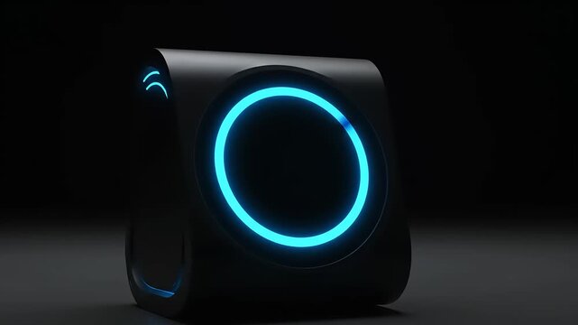 Futuristic Black Technology Device with Glowing Blue Neon Circle.