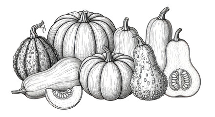 A black and white illustration of various gourds and pears on a transparent background