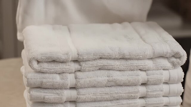 Hands carefully folding a stack of soft white towels