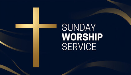 Sunday worship service invitation featuring a golden cross on a dark background with elegant gold accents for spiritual gatherings transparent background