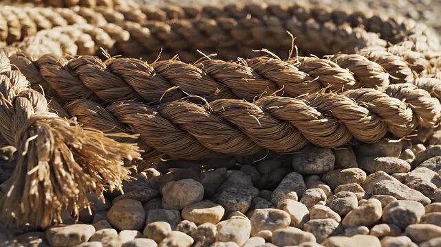 Thick, frayed natural fiber rope lies coiled on a bed of smooth, sunlit pebbles