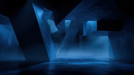 Fototapeta premium Abstract Blue Interior with Geometric Shapes and Fog, Ideal for Modern Design Concepts and Backgrounds