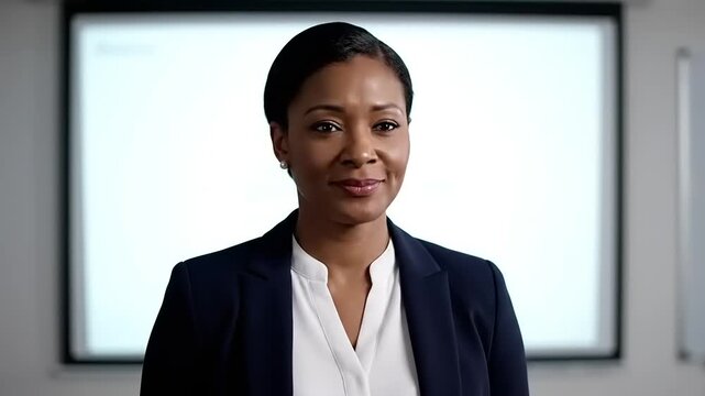 Confident Businesswoman Takes a Deep Breath to Overcome Presentation Anxiety.