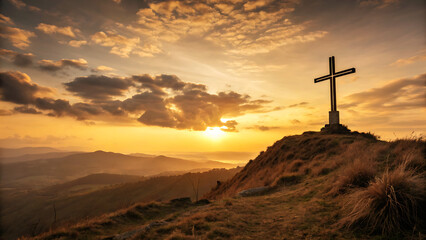 A stark black cross stands silhouetted against a dramatic golden sunset sky filled with textured clouds atop a grassy hill overlooking rolling mountains and misty valleys transparent background