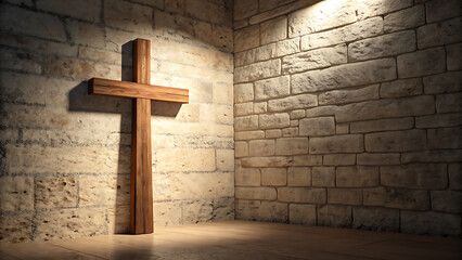 A simple wooden cross stands alone in a dimly lit stonewalled room casting a distinct shadow on the rough textured wall illuminated by a single spotlight from above transparent background