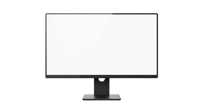 A sleek modern computer monitor with a black frame and stand on a white surface in a clean office environment setting isolated on transparent background