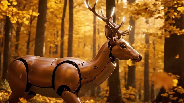 A robotic deer with copper-colored metal body and antlers walks through an autumnal forest with warm, golden light and fallen leaves.