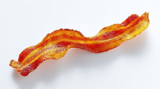 Crispy wavy strip of perfectly cooked smoked pork bacon centered on a bright white background