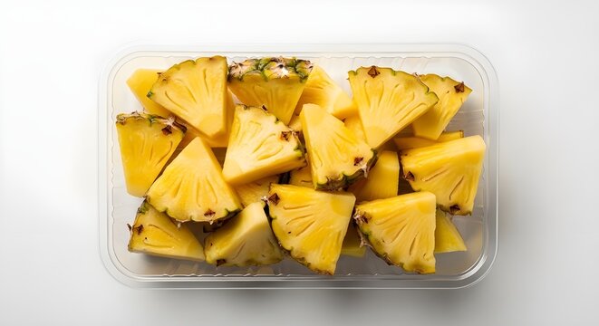 Trozos de pi&ntilde;a dentro de una caja transparente aislada sobre fondo transparente.
 Vista de arriba hacia abajo en un recipiente de pl&aacute;stico con jugosos trozos de fruta pelada.