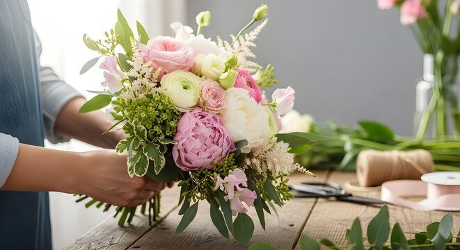 Vista recortada de las manos de florista haciendo ramo de flores en la superficie de la mesa