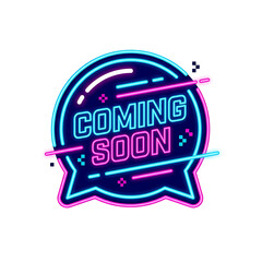 Vibrant Coming Soon Neon Sign Badge Announcement.