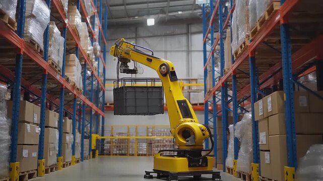 Yellow autonomous mobile robot arm sorting packages in a modern warehouse.