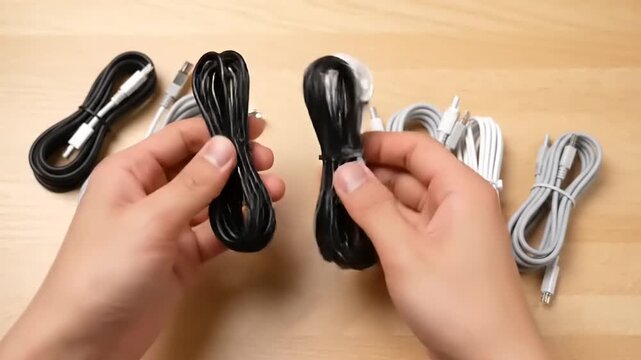 Person Organizing Various Electronic Cables on a Wooden Desk.