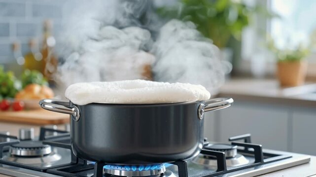 pot of pasta boiling over with foam and steam rising on gas stove in home kitchen during cooking