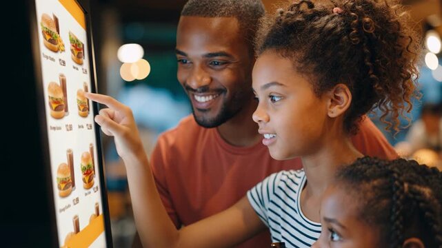 happy family using touchscreen self service kiosk to choose burgers in modern fast food restaurant