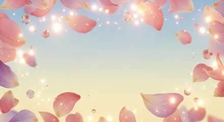 Fototapeta premium Dreamy falling pink flower petals with sparkling lights on a soft gradient background