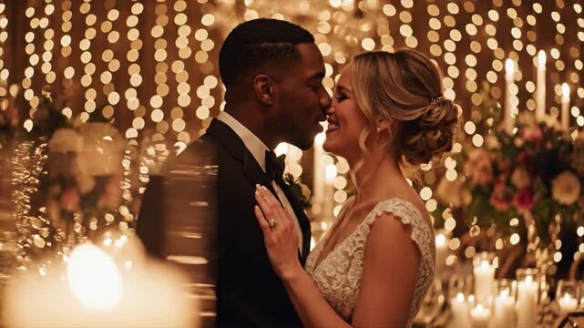 Newlywed Interracial Couple Kissing at Romantic Wedding Reception with Warm Golden Bokeh Lights