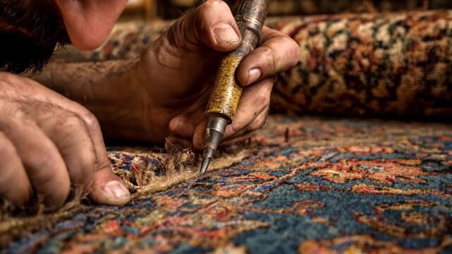 Closeup of skilled artisan repairing fringe on handmade rug restoring intricate details with traditional tools and delicate craftsmanship.
