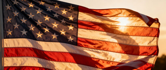 Fototapeta premium American flag waving proudly in golden sunlight, symbolizing patriotism and national identity at sunset.