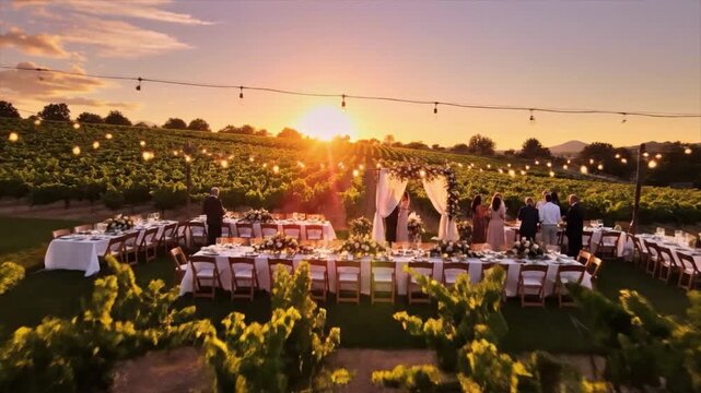 Cinematic Vineyard Wedding Reception During Golden Sunset Hour, Featuring Elegant Tables and Romantic Outdoor Ceremony Setup