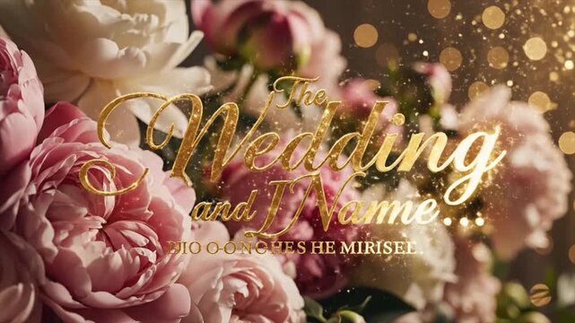 Luxurious Gold Script Wedding Title Opener on Elegant Pink Peony Flowers Background with Shimmering Bokeh Particles