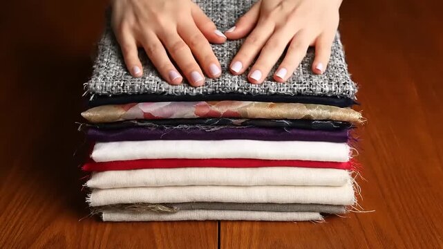 Womans Hands Neatly Folding a Stack of Colorful Fabrics.